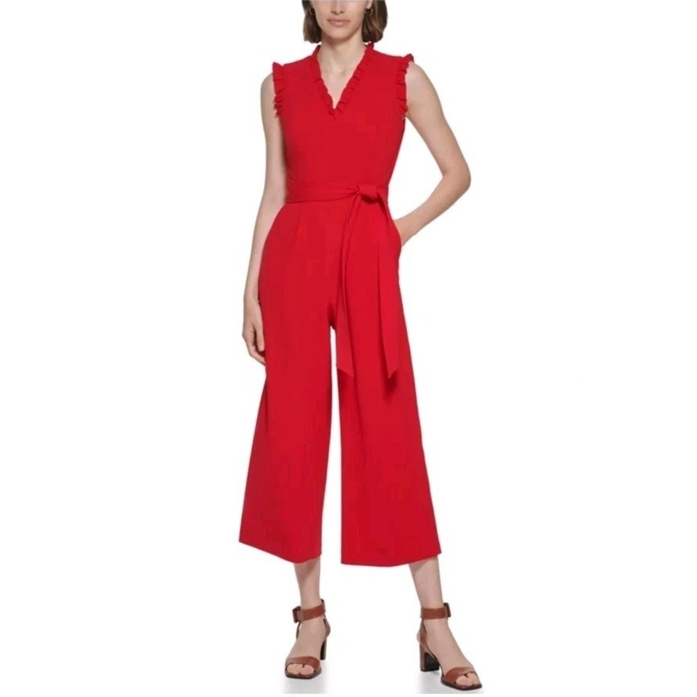 NWT Calvin Klein Ruffle Neck Wide Crop Leg Jumpsuit Women's Size 6 Red Tie Waist